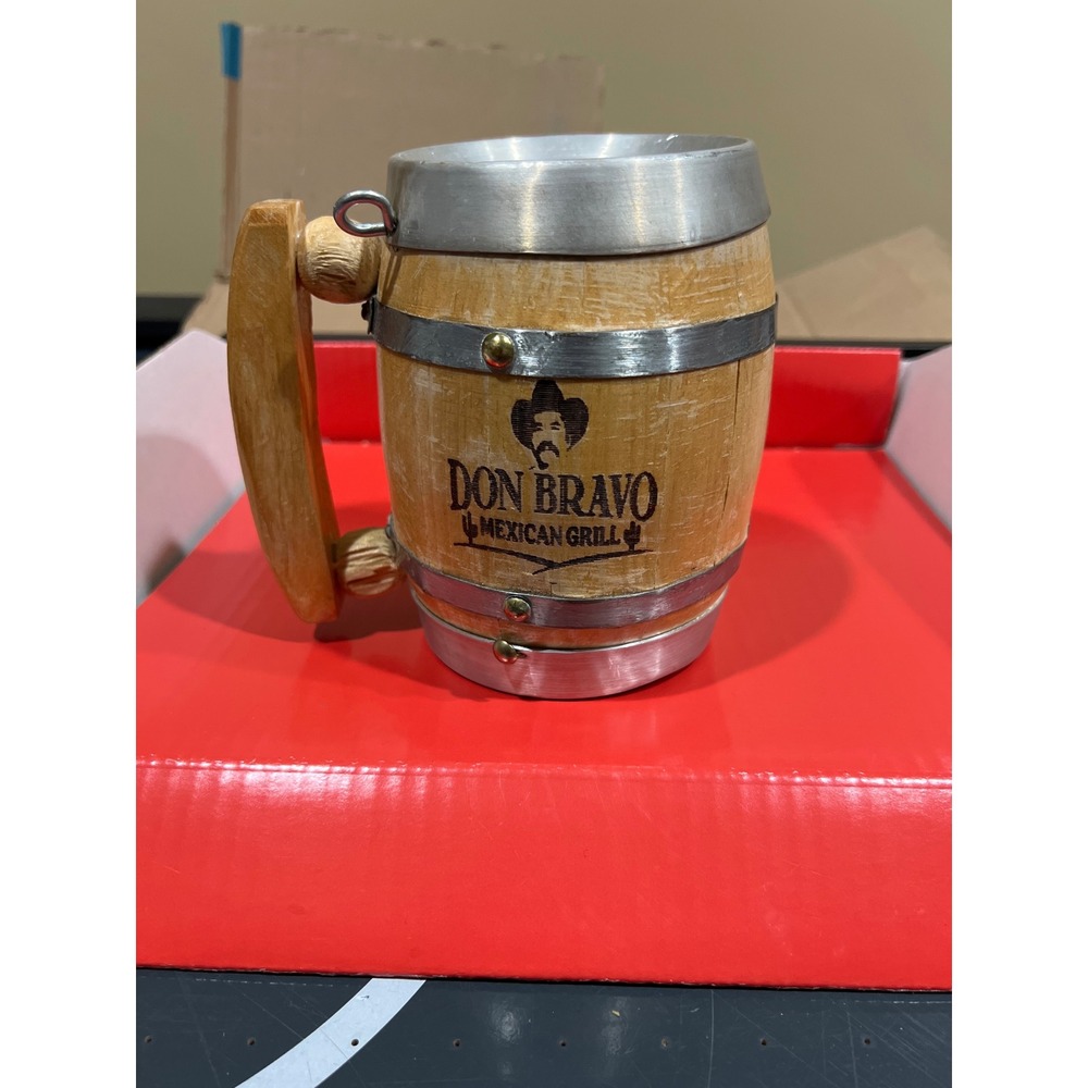 Don Bravo Mexican Grill Wooden Barrel Mug Metal Lined Souvenir Tankard Rustic